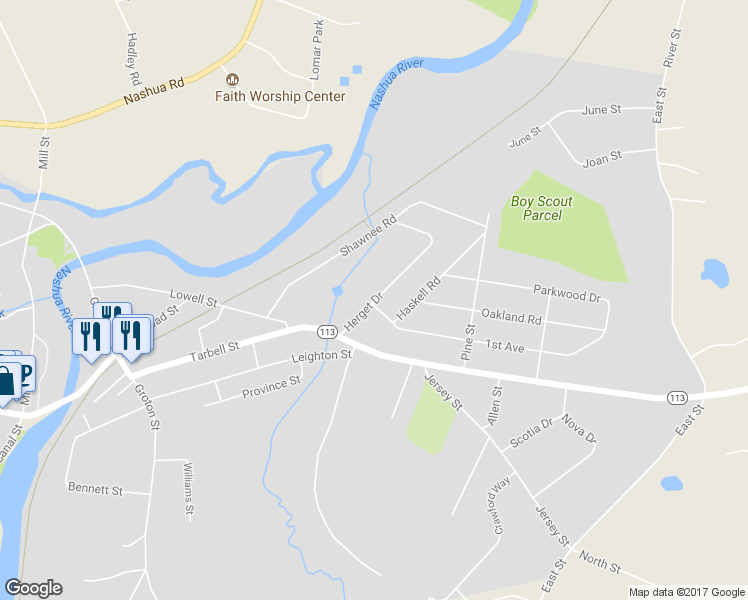 map of restaurants, bars, coffee shops, grocery stores, and more near 10 Herget Drive in Pepperell