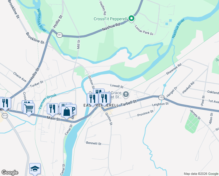 map of restaurants, bars, coffee shops, grocery stores, and more near 11 Lowell Street in Pepperell
