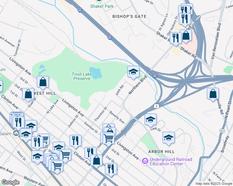 map of restaurants, bars, coffee shops, grocery stores, and more near 315 Northern Boulevard in Albany