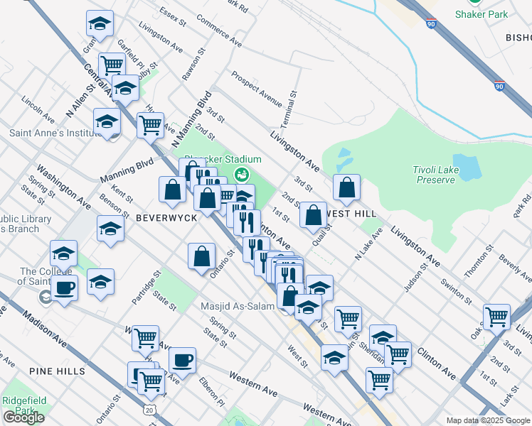 map of restaurants, bars, coffee shops, grocery stores, and more near 86 Ontario Street in Albany