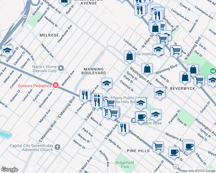 map of restaurants, bars, coffee shops, grocery stores, and more near 71 North Pine Avenue in Albany