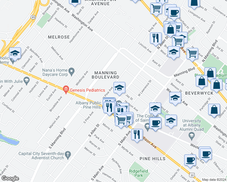 map of restaurants, bars, coffee shops, grocery stores, and more near 71 North Pine Avenue in Albany
