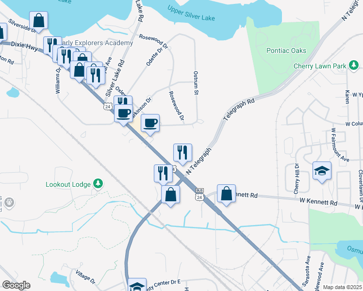map of restaurants, bars, coffee shops, grocery stores, and more near 1901 Telegraph Road in Waterford Township