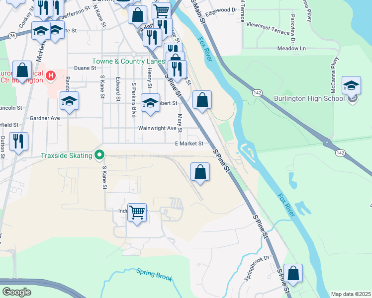 map of restaurants, bars, coffee shops, grocery stores, and more near 372 East Market Street in Burlington