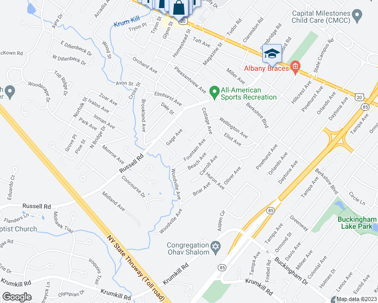 map of restaurants, bars, coffee shops, grocery stores, and more near 43 Fountain Avenue in Albany