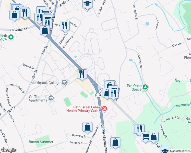 map of restaurants, bars, coffee shops, grocery stores, and more near 87 Royal Crest Drive in North Andover