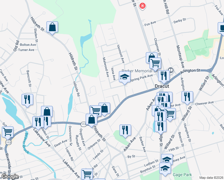 map of restaurants, bars, coffee shops, grocery stores, and more near 23 Thissell Street in Dracut