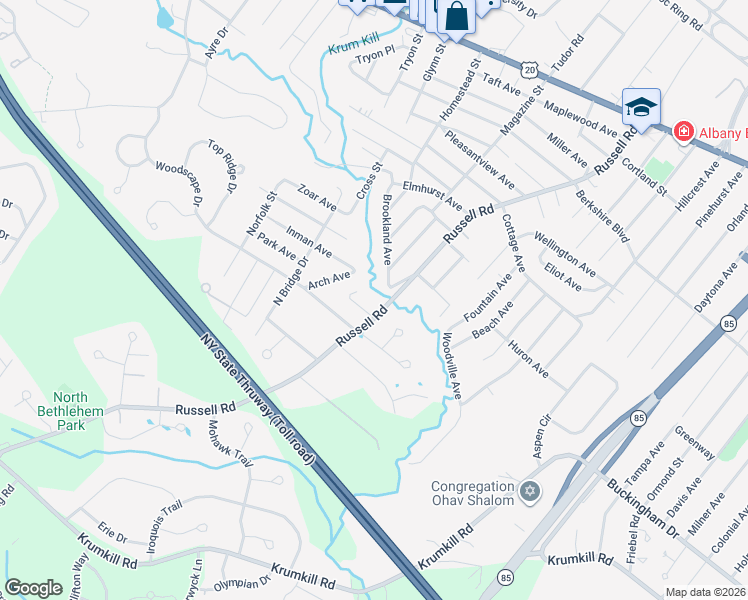 map of restaurants, bars, coffee shops, grocery stores, and more near 2 Brookland Avenue in Albany