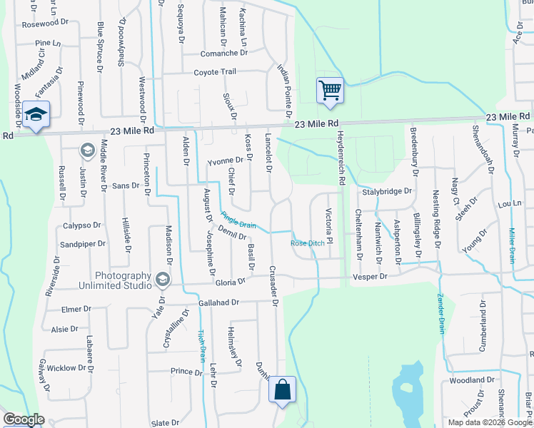 map of restaurants, bars, coffee shops, grocery stores, and more near 50314 Koss Drive in Macomb