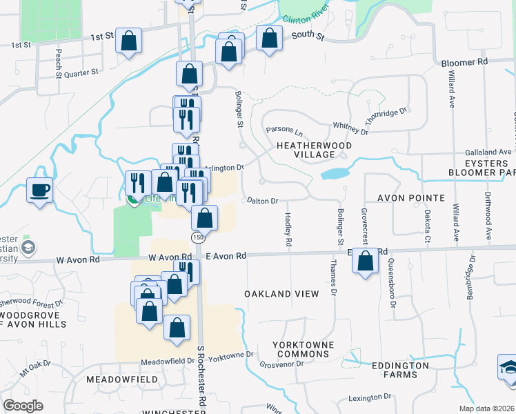 map of restaurants, bars, coffee shops, grocery stores, and more near 275 Dalton Drive in Rochester Hills