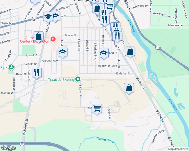 map of restaurants, bars, coffee shops, grocery stores, and more near 209 East Market Street in Burlington