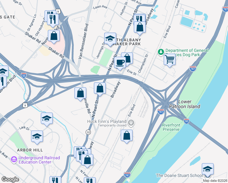 map of restaurants, bars, coffee shops, grocery stores, and more near 2 Albany Street in Albany