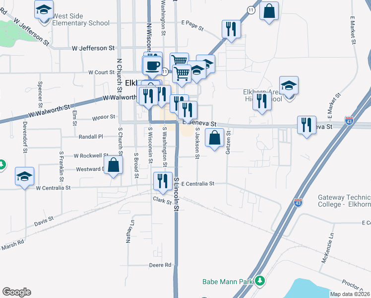 map of restaurants, bars, coffee shops, grocery stores, and more near 127 South Lincoln Street in Elkhorn