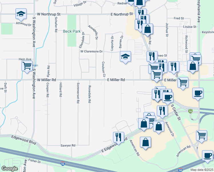 map of restaurants, bars, coffee shops, grocery stores, and more near 6121 Coulson Court in Lansing