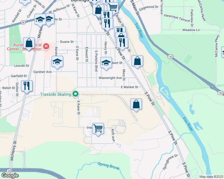 map of restaurants, bars, coffee shops, grocery stores, and more near 229 East Market Street in Burlington