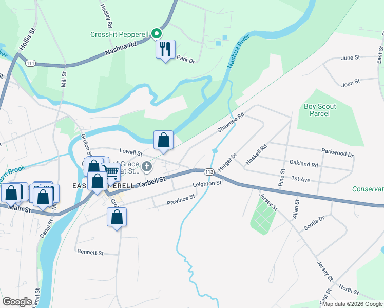 map of restaurants, bars, coffee shops, grocery stores, and more near 6 Shawnee Road in Pepperell