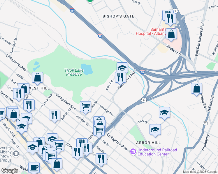 map of restaurants, bars, coffee shops, grocery stores, and more near 315 Northern Boulevard in Albany