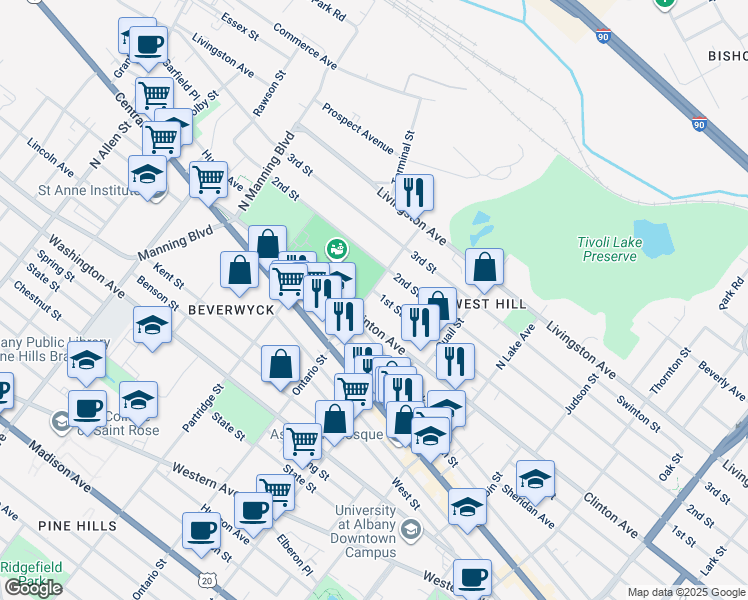 map of restaurants, bars, coffee shops, grocery stores, and more near 86 Ontario Street in Albany