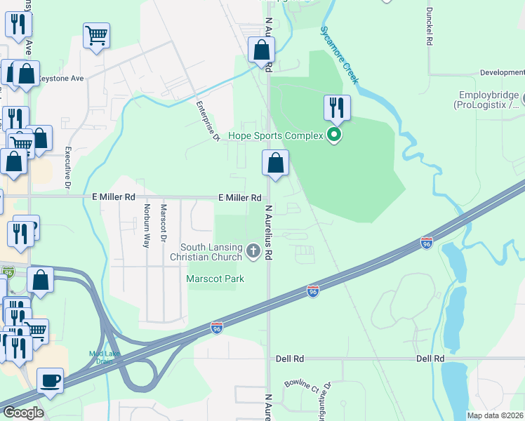 map of restaurants, bars, coffee shops, grocery stores, and more near in Delhi charter Township