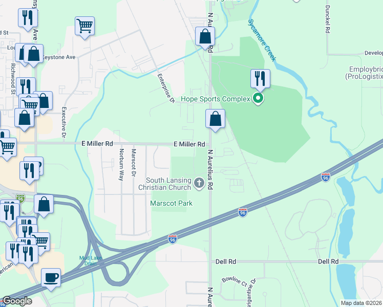 map of restaurants, bars, coffee shops, grocery stores, and more near 1920 East Miller Road in Lansing