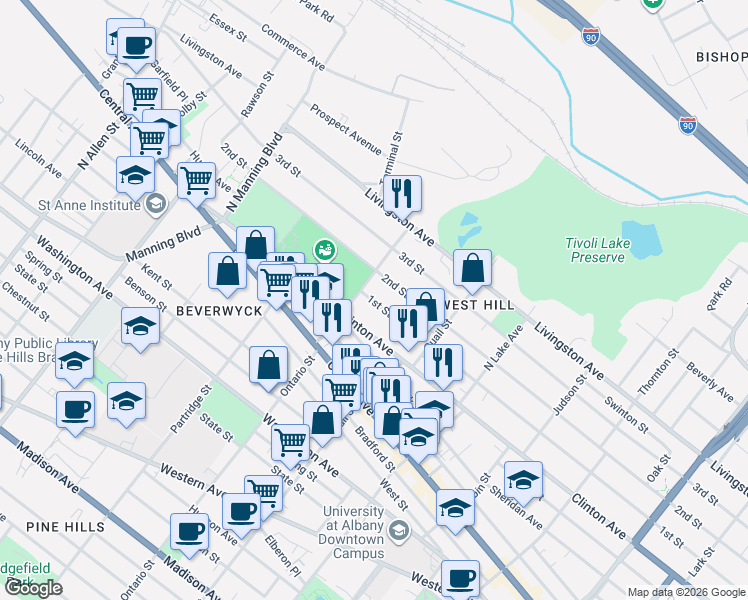 map of restaurants, bars, coffee shops, grocery stores, and more near 86 Ontario Street in Albany