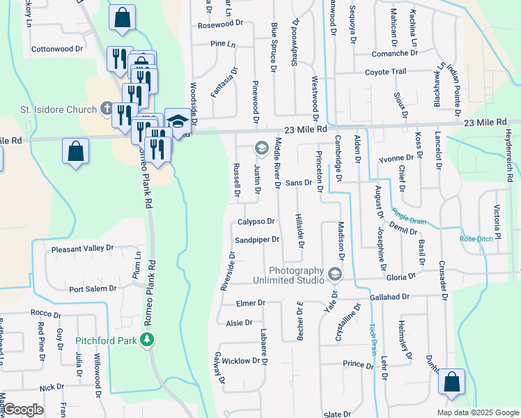 map of restaurants, bars, coffee shops, grocery stores, and more near 50525 Justin Drive in Macomb