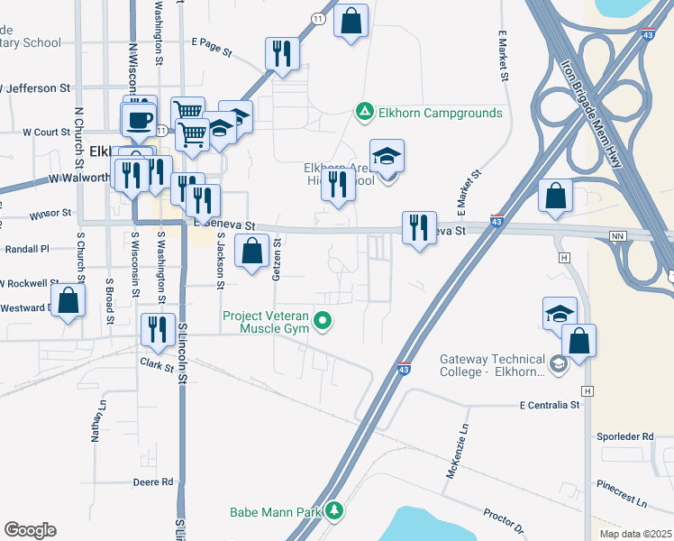 map of restaurants, bars, coffee shops, grocery stores, and more near 168 Lewis Street in Elkhorn