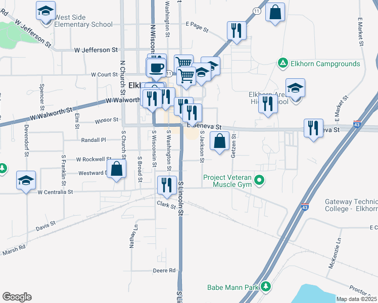 map of restaurants, bars, coffee shops, grocery stores, and more near 127 South Lincoln Street in Elkhorn