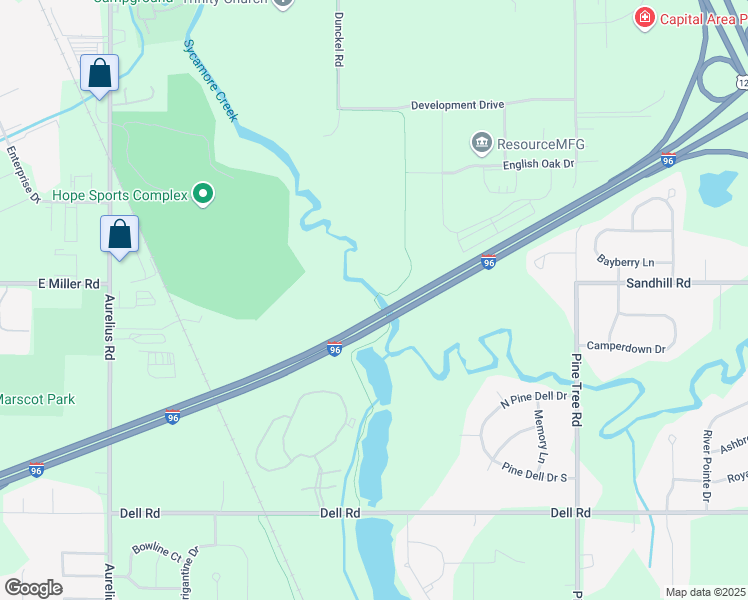 map of restaurants, bars, coffee shops, grocery stores, and more near Sycamore Trail in Lansing