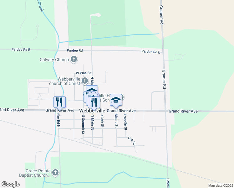 map of restaurants, bars, coffee shops, grocery stores, and more near 309 East Grand River Road in Webberville