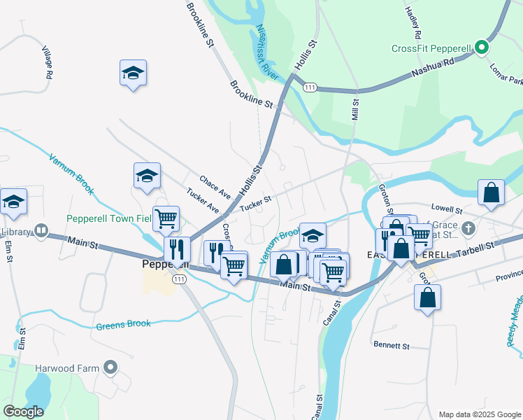 map of restaurants, bars, coffee shops, grocery stores, and more near 11 Tucker Street in Pepperell