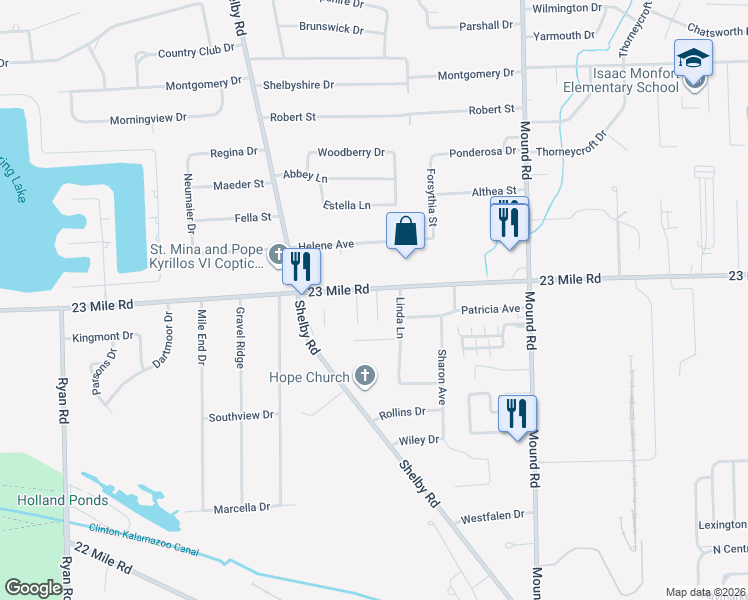 map of restaurants, bars, coffee shops, grocery stores, and more near 5200 23 Mile Road in Macomb County