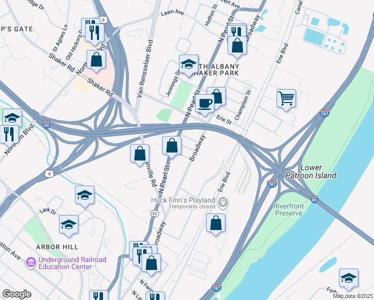map of restaurants, bars, coffee shops, grocery stores, and more near 12 Albany Street in Albany