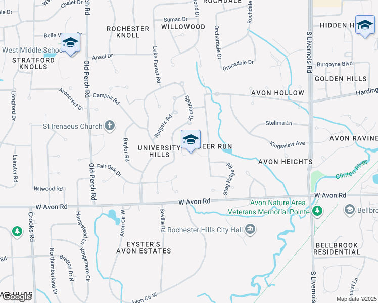map of restaurants, bars, coffee shops, grocery stores, and more near 600 Croydon Road in Rochester Hills