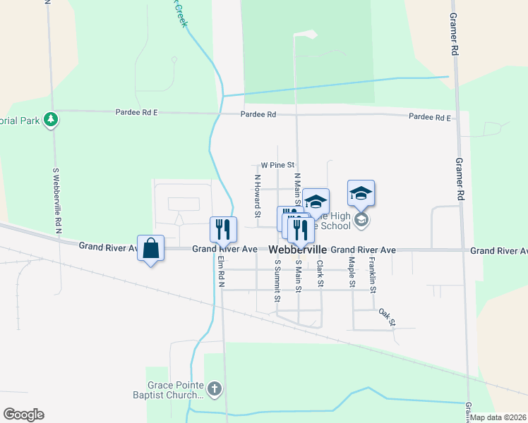 map of restaurants, bars, coffee shops, grocery stores, and more near 301 North Summit Street in Webberville