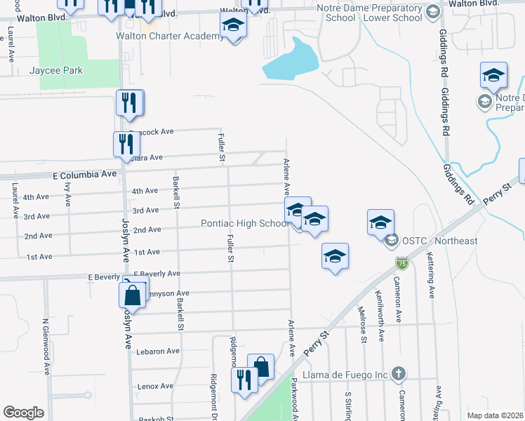 map of restaurants, bars, coffee shops, grocery stores, and more near 760 3rd Avenue in Pontiac