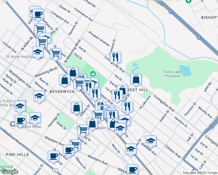 map of restaurants, bars, coffee shops, grocery stores, and more near 86 Ontario Street in Albany