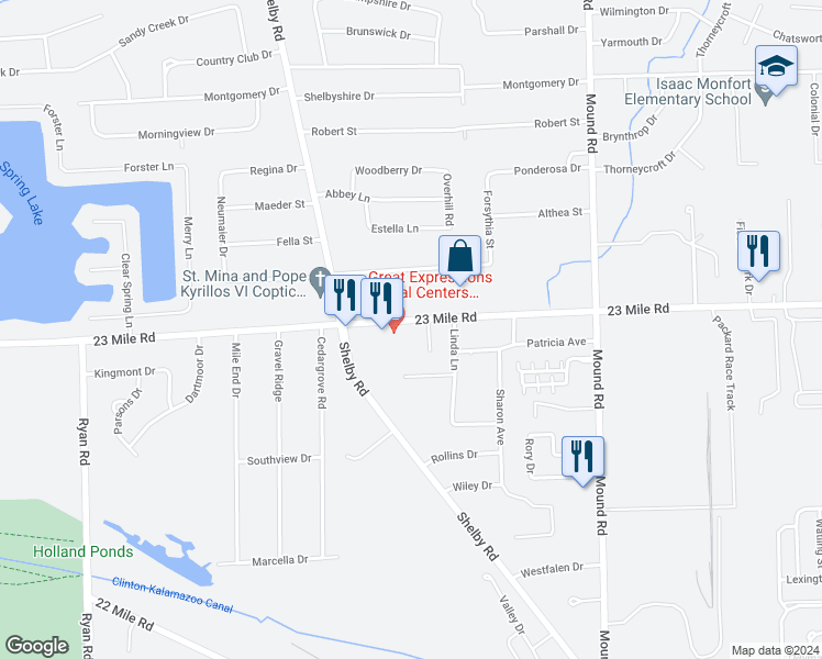 map of restaurants, bars, coffee shops, grocery stores, and more near 5165 23 Mile Road in Macomb County
