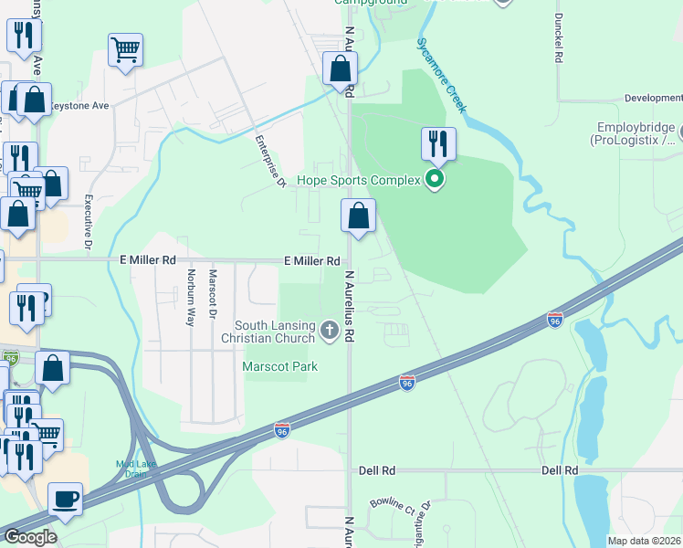 map of restaurants, bars, coffee shops, grocery stores, and more near in Delhi charter Township