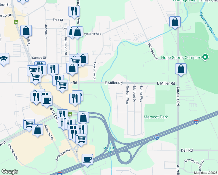 map of restaurants, bars, coffee shops, grocery stores, and more near 1306 East Miller Road in Lansing