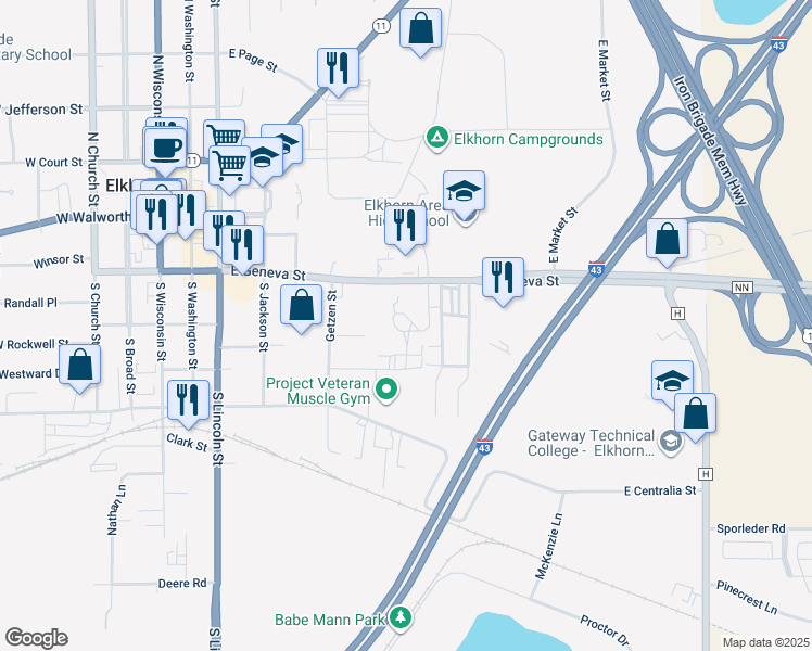 map of restaurants, bars, coffee shops, grocery stores, and more near 168 Lewis Street in Elkhorn