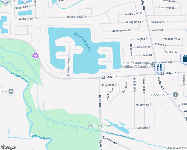 map of restaurants, bars, coffee shops, grocery stores, and more near 3919 23 Mile Road in Shelby Charter Township