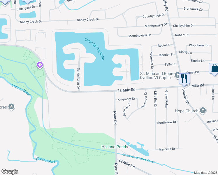 map of restaurants, bars, coffee shops, grocery stores, and more near 3919 23 Mile Road in Macomb County