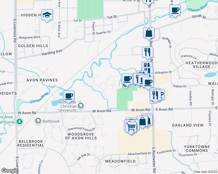 map of restaurants, bars, coffee shops, grocery stores, and more near 331 Strawberry Dr in Rochester Hills