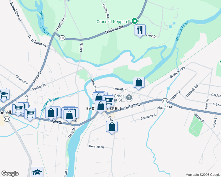 map of restaurants, bars, coffee shops, grocery stores, and more near 11 Lowell Street in Pepperell