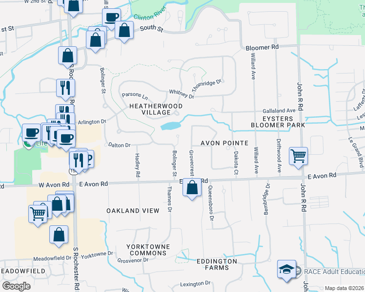 map of restaurants, bars, coffee shops, grocery stores, and more near 785 Kirkton Court in Rochester Hills