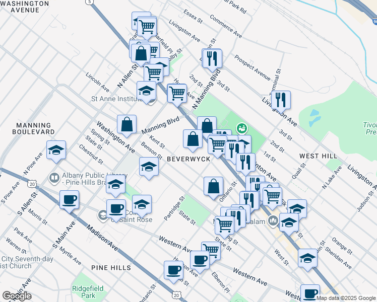 map of restaurants, bars, coffee shops, grocery stores, and more near 488 Central Avenue in Albany