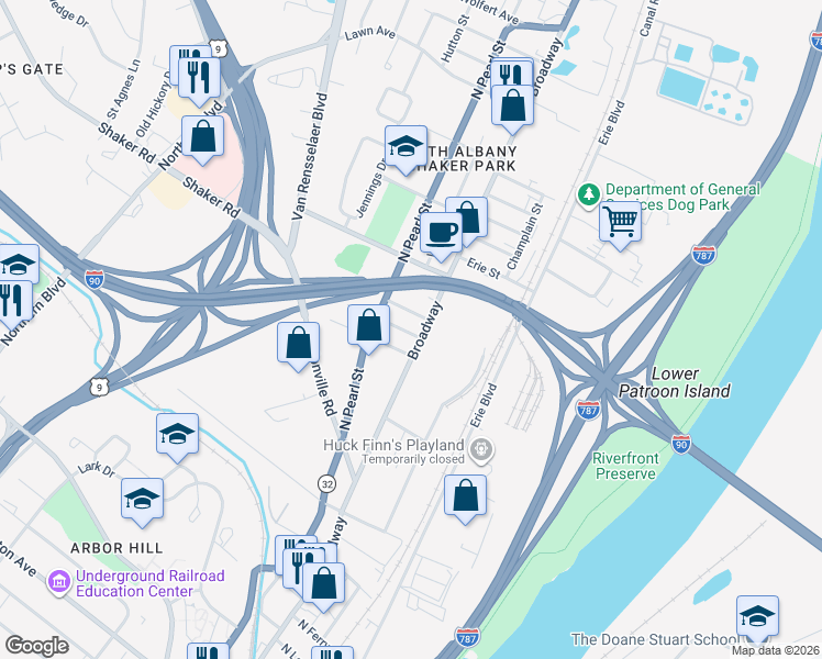 map of restaurants, bars, coffee shops, grocery stores, and more near 3 Albany Street in Albany