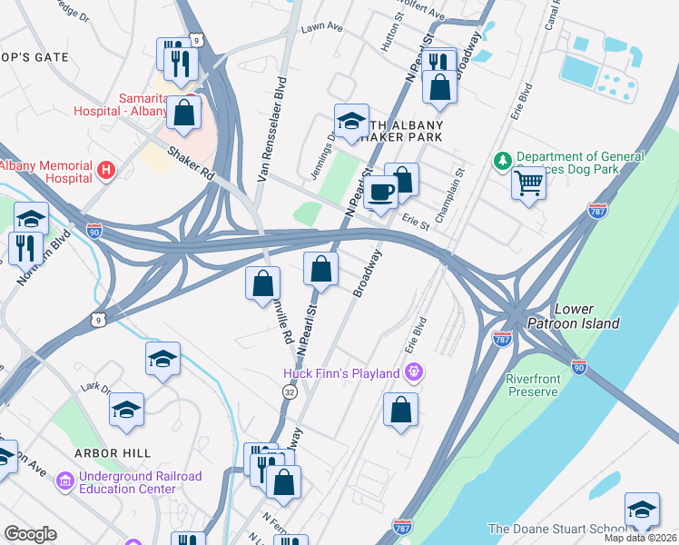map of restaurants, bars, coffee shops, grocery stores, and more near 25 Albany Street in Albany
