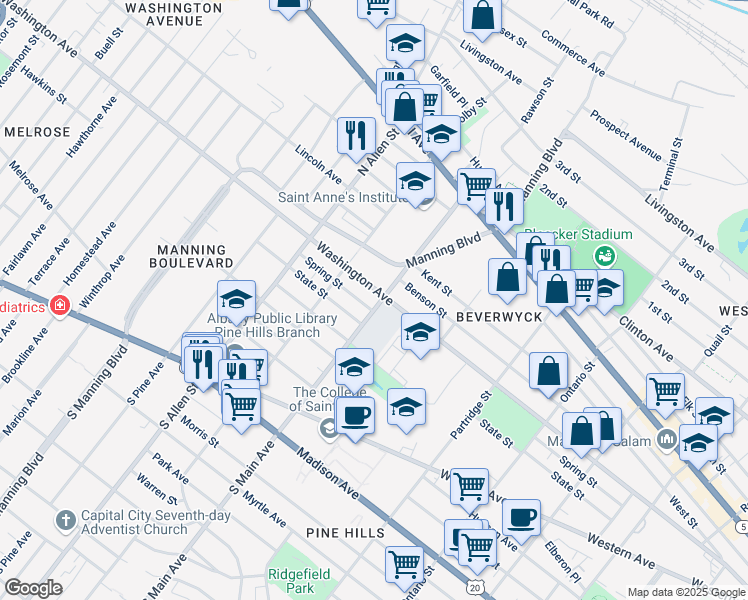 map of restaurants, bars, coffee shops, grocery stores, and more near 790 Washington Avenue in Albany
